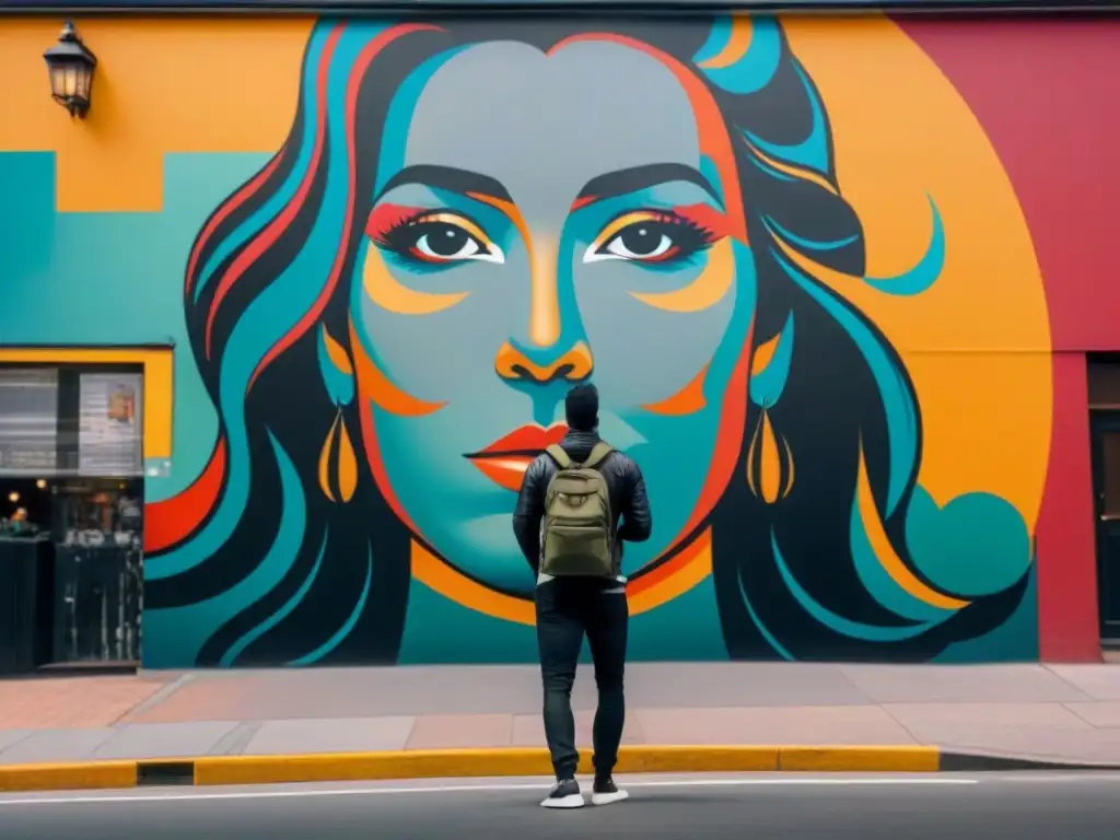 Viajero admirando mural callejero vibrante, reflejando inmersión cultural a través del arte