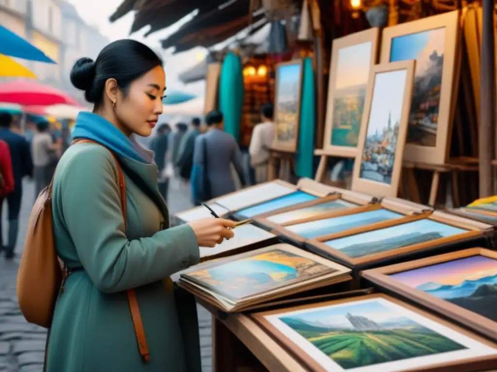 Un viajero seleccionando obras de arte en un mercado extranjero