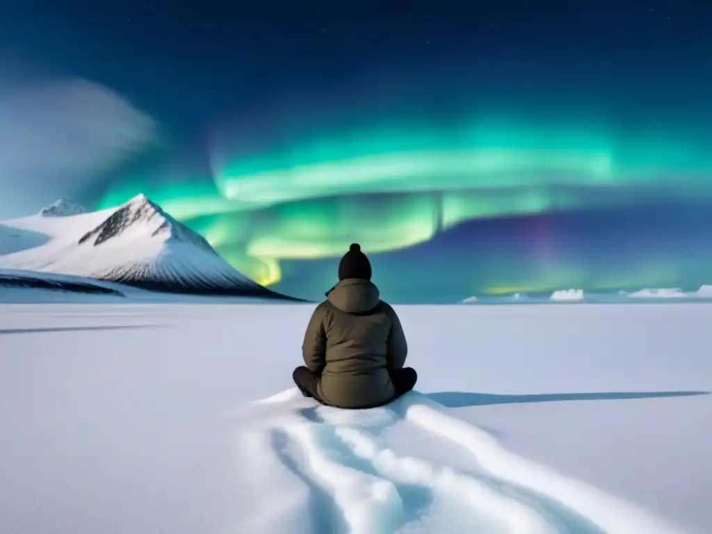 Un viajero medita en un paisaje ártico nevado bajo la aurora boreal y la luna llena, reflejando la serenidad de los retiros espirituales en el Ártico