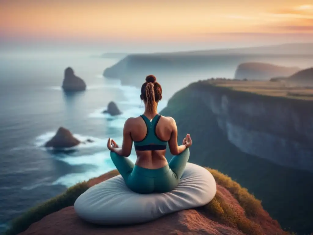 Yoga en el acantilado al amanecer: serenidad en el viaje cultural Un viajero practicando yoga en un acantilado al amanecer