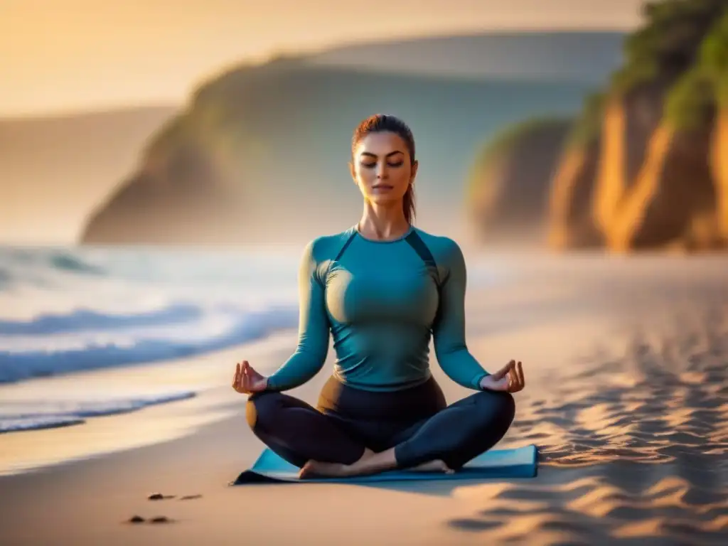 Yoga al amanecer: paz en la playa Un viajero practicando yoga al amanecer en una playa tranquila, con olas calmadas y el sol asomando en el horizonte
