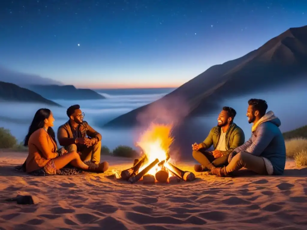 Encuentro multicultural alrededor de la fogata estelar Viajeros de diferentes culturas comparten historias alrededor de una fogata bajo un cielo estrellado