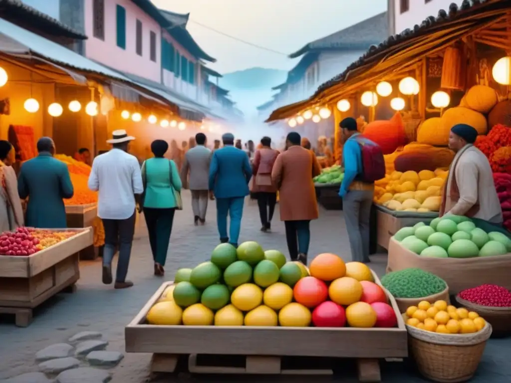 Viajeros diversos en vibrante mercado: intercambio cultural y respeto mutuo