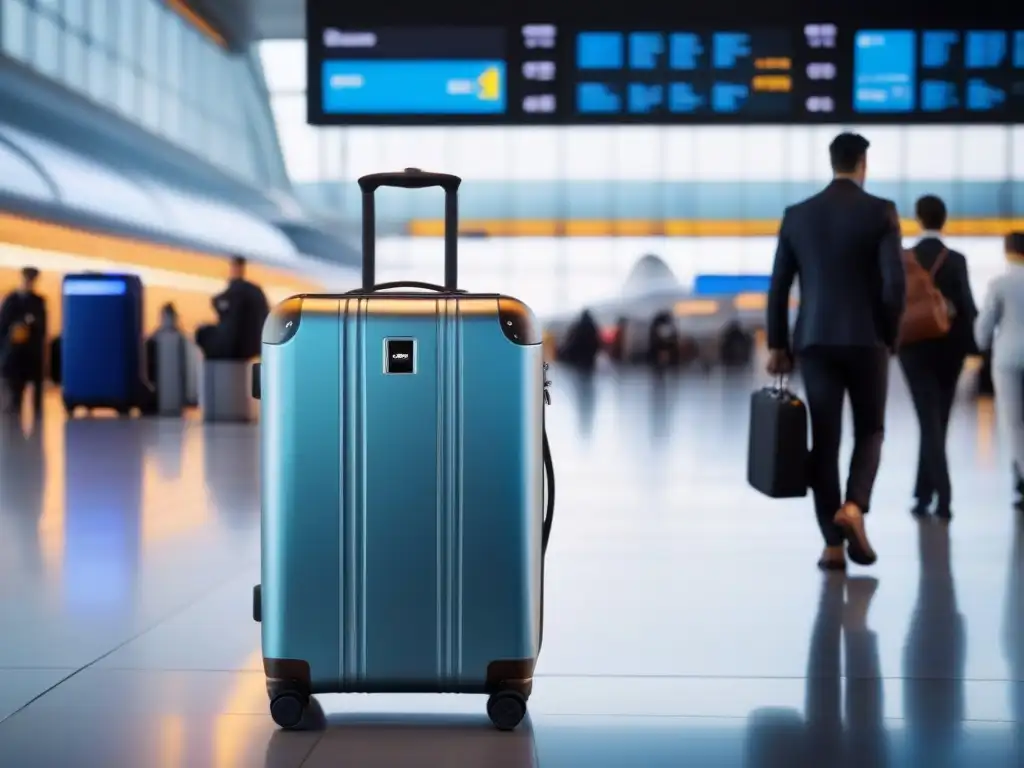 Viajeros emocionados en un aeropuerto con un maletín futurista de alta tecnología