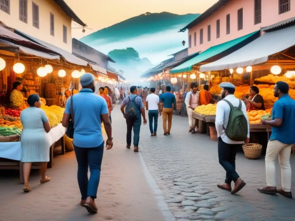 Viajeros interactúan con locales en mercado vibrante al atardecer, transmitiendo impacto del alojamiento en comunidad local