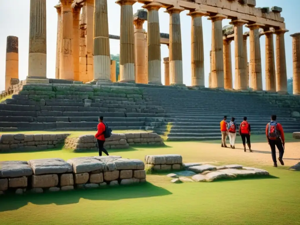 Viajes con propósito: Estudiantes explorando ruinas antiguas y estudiando artefactos históricos en un entorno pintoresco
