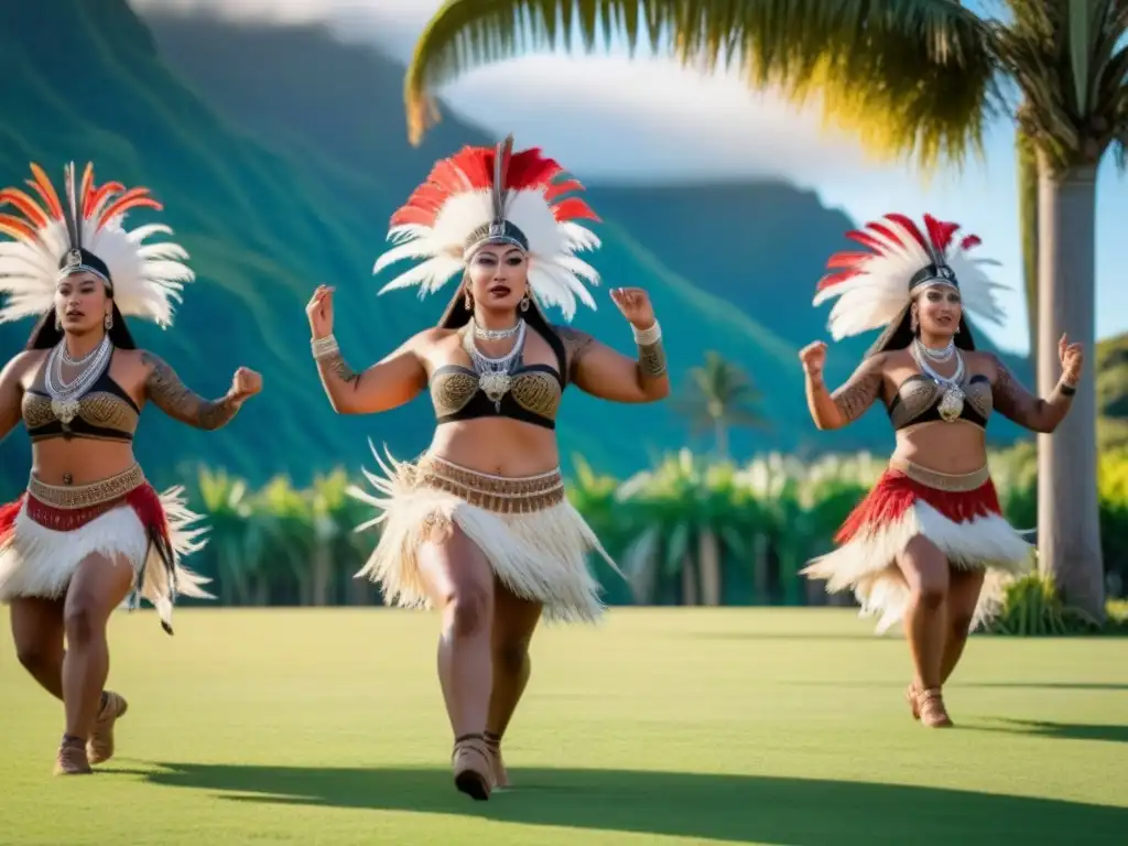 Un vibrante baile Maorí en un campo verde rodeado de palmeras, mostrando la riqueza cultural de los rituales festivales locales homestay Oceanía