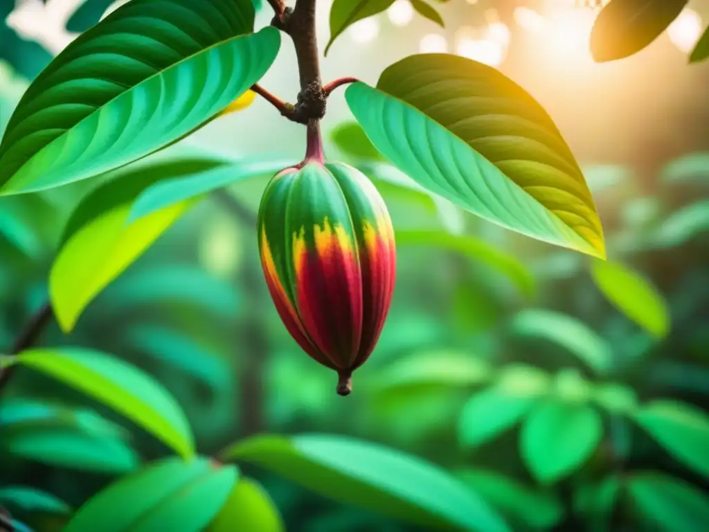 Vibrante cacao latinoamericano en plantación exuberante bajo el sol dorado