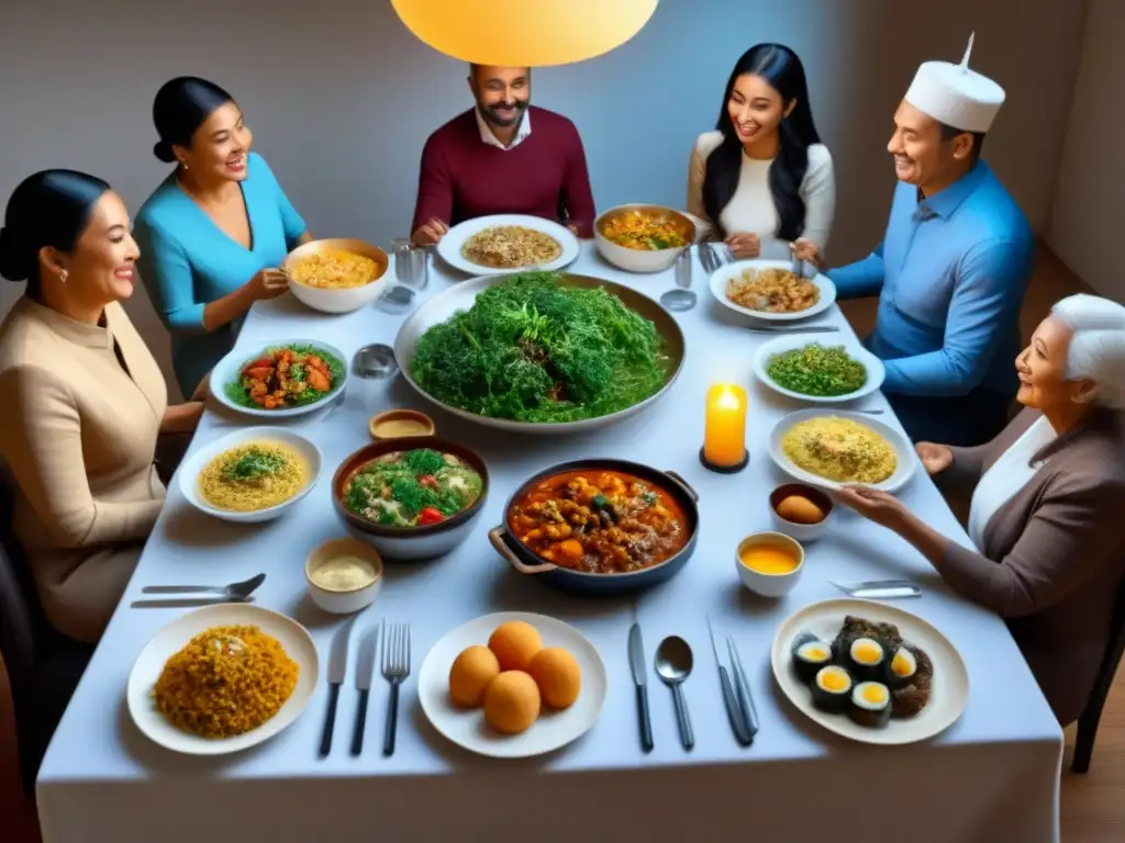 Vibrante ilustración de comidas tradicionales familiares inmersión cultural en una mesa diversa y acogedora