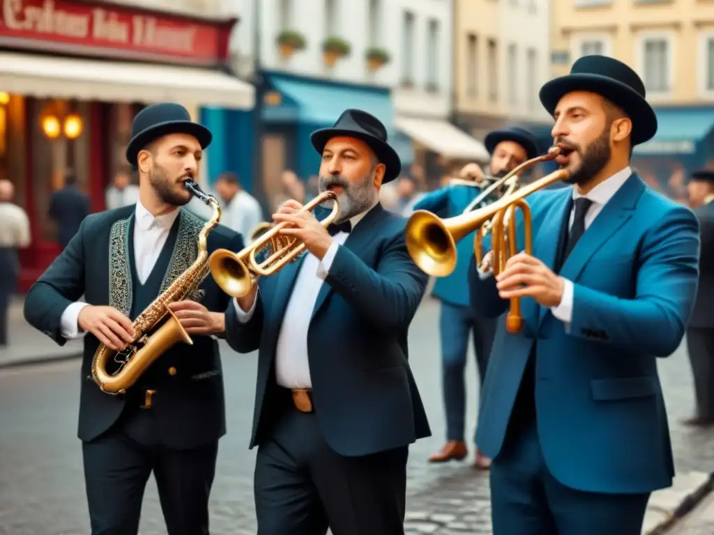 Un vibrante concierto de música Klezmer en una esquina, con detalles instrumentales y expresiones faciales, capturando la esencia de la herencia judía y la energía vibrante