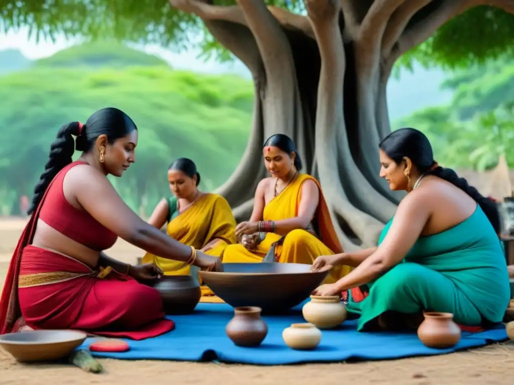 Una vibrante escena de artesanos locales creando artesanías tradicionales bajo un árbol, transmitiendo comunidad y tradición en un destino exótico