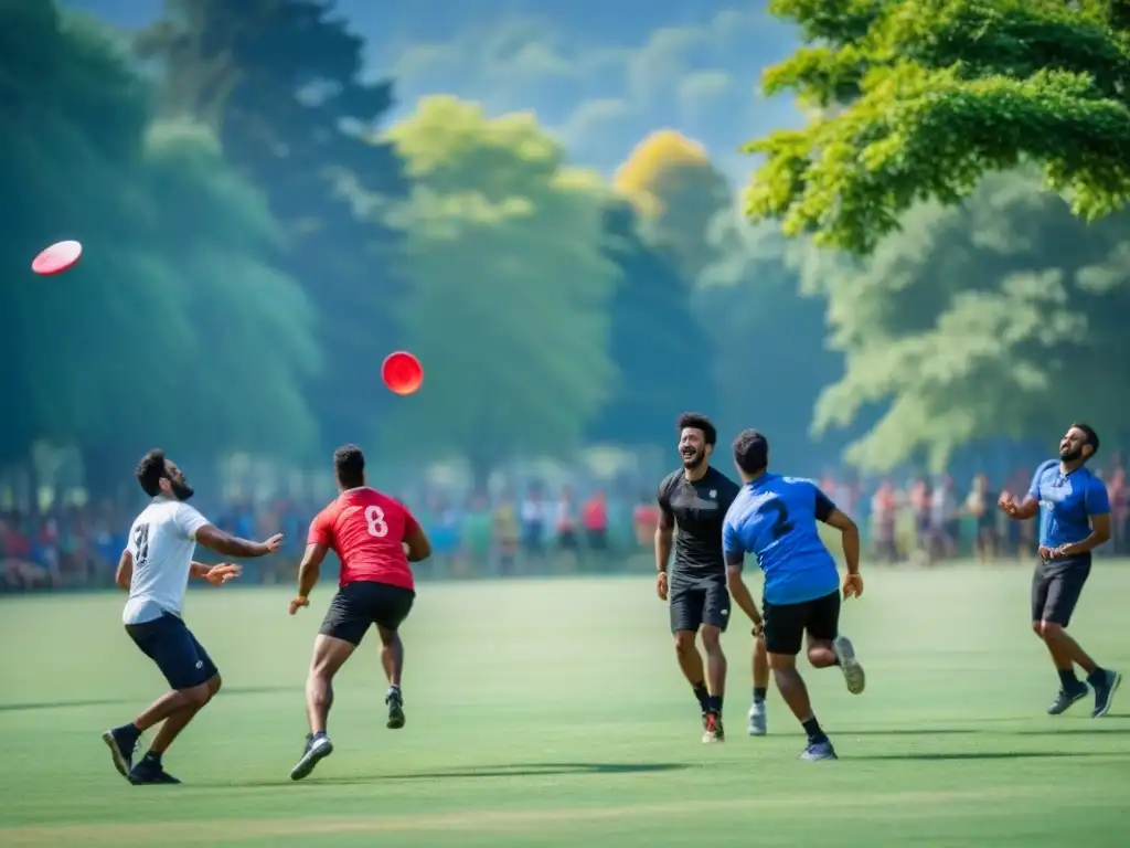 Un vibrante juego de Ultimate Frisbee con diversidad cultural en un parque, reflejando intercambio y diálogo intercultural