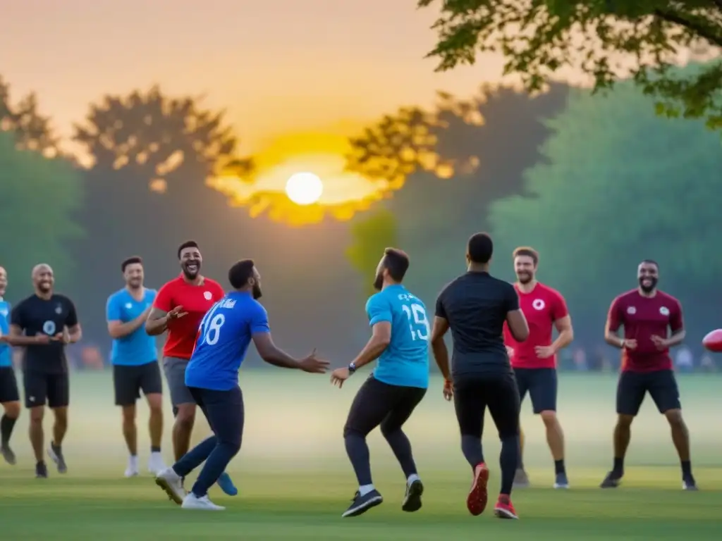 Un vibrante juego de ultimate frisbee en un parque al atardecer, promoviendo la unión y diversidad