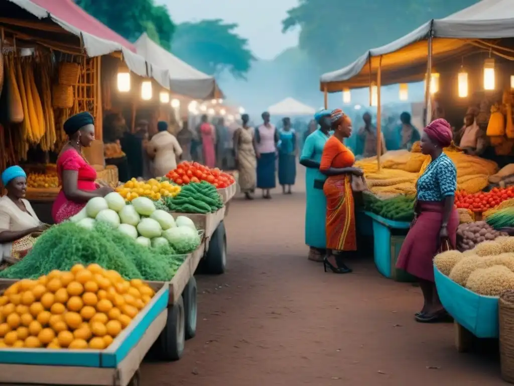 Vibrante mercado africano con colores, artesanías y sonidos, reflejando la vida diaria en África Subsahariana experiencias homestay culturales