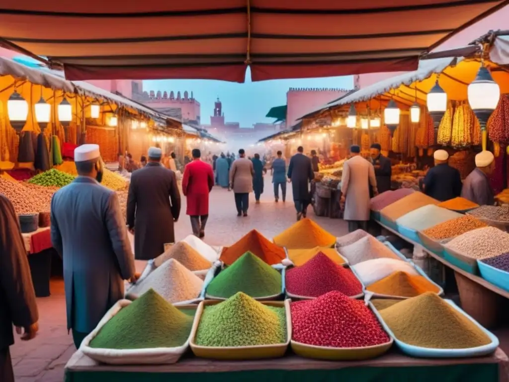 Mercado de Marrakech al atardecer: colores vibrantes y cultura marroquí Un vibrante mercado en Marrakech al atardecer, con colores y patrones marroquíes