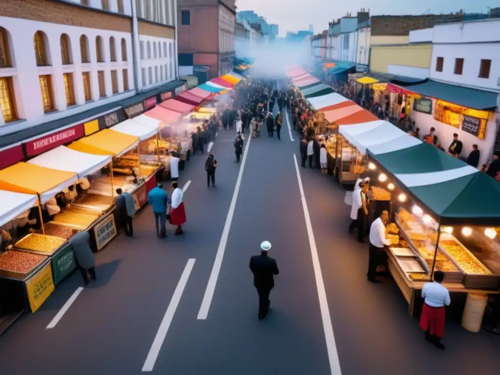 Un vibrante mercado callejero con chefs preparando delicias gourmet, clientes diversos y arte urbano en una escena cultural emocionante