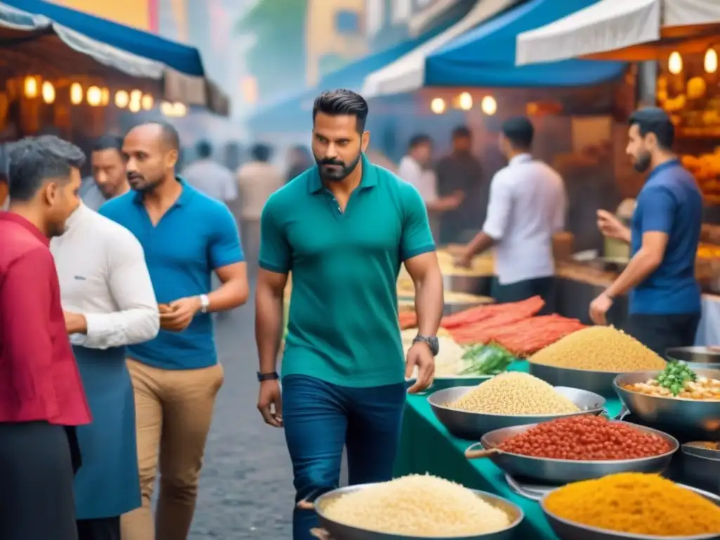 Un vibrante mercado callejero con coloridos puestos de comida de todo el mundo