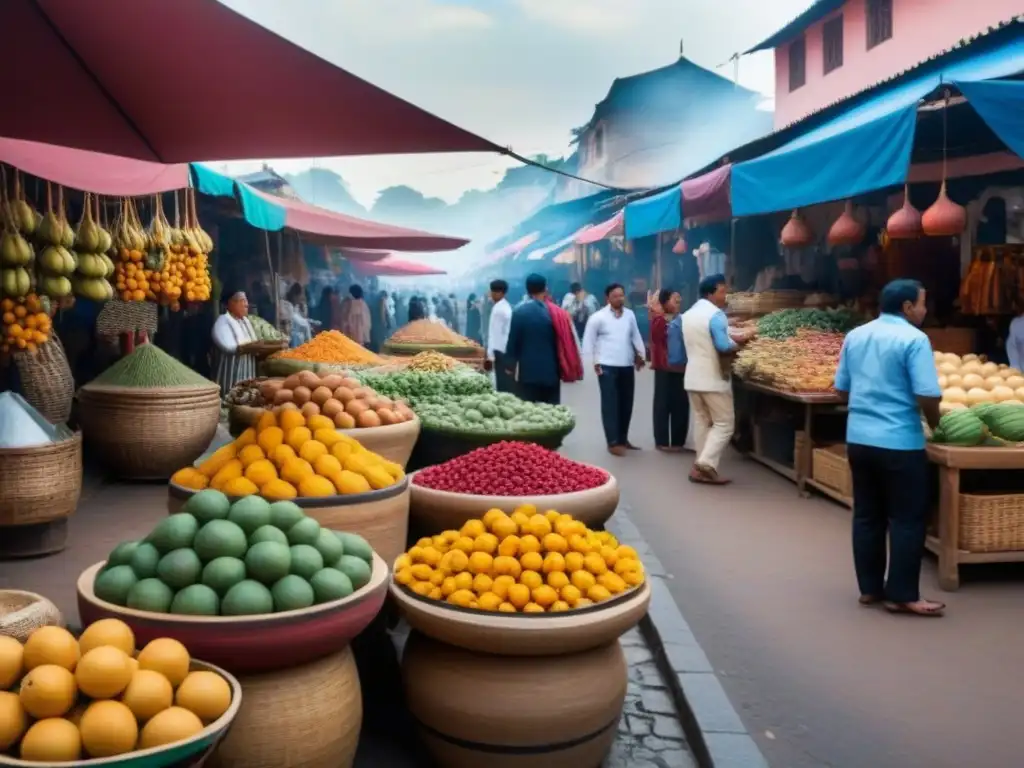 Vibrante mercado callejero, frutas exóticas, artesanías y música tradicional