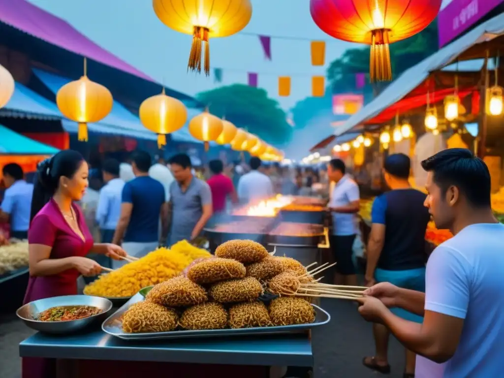 Mercado callejero tailandés: sabores y colores vibrantes Un vibrante mercado callejero en Tailandia con puestos de comida tradicional y una atmósfera festiva