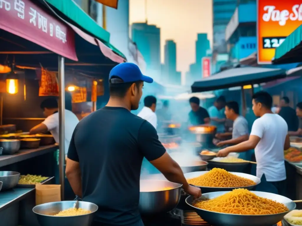 Vibrante mercado de comida callejera en Bangkok, Tailandia, fusionando tradición y modernidad