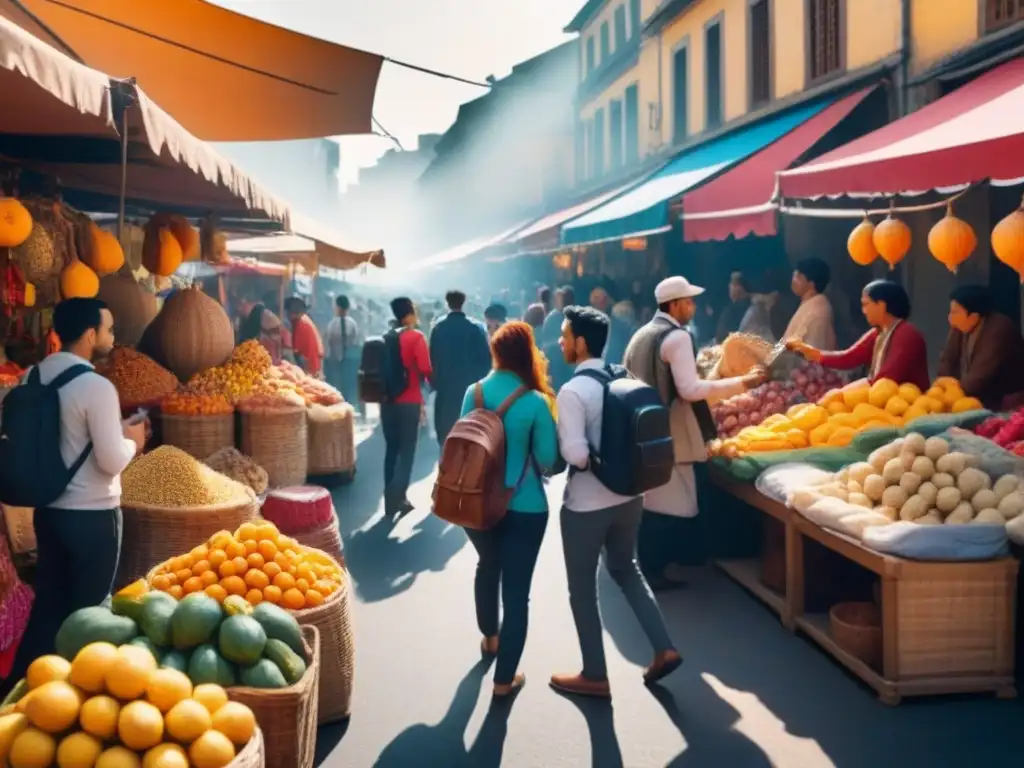 Exploradores en mercado vibrante: ilustración minimalista Un vibrante mercado lleno de detalles, donde viajeros exploran y disfrutan