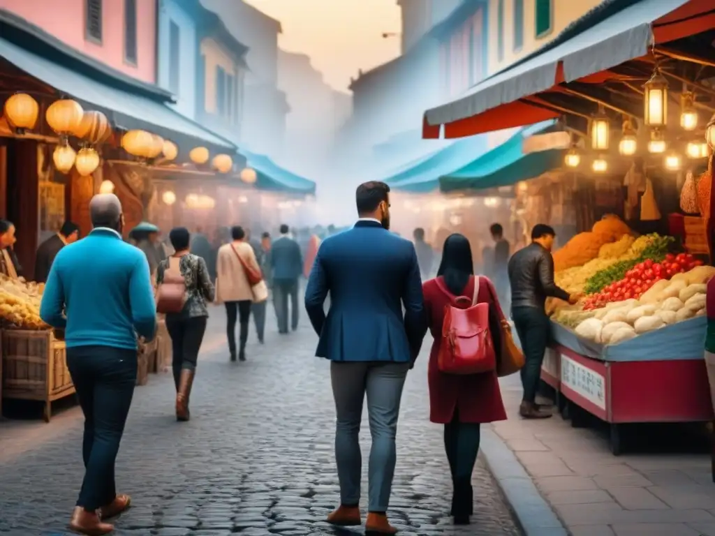 Viajeros felices en mercado vibrante: intercambio cultural auténtico Vibrante mercado con viajeros felices interactuando con locales, reflejando experiencias culturales auténticas y turismo global
