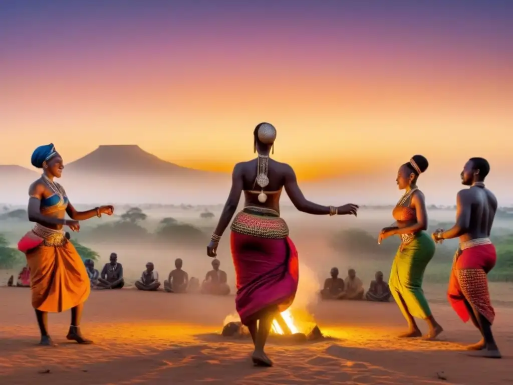 Una ilustración vibrante y minimalista de la diversidad cultural en África Subsahariana: bailes, música y cuentos bajo un cielo estrellado