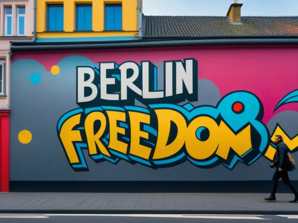 Un vibrante mural de arte callejero en Berlín, que representa la libertad y la expresión artística con colores y formas dinámicas