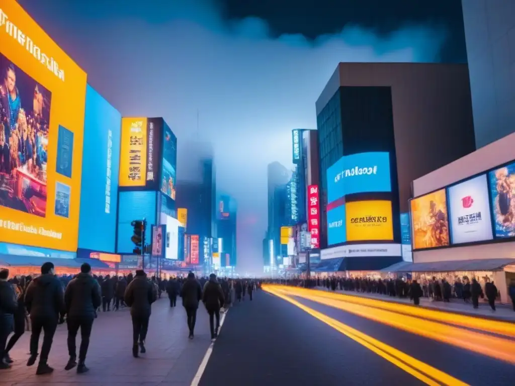 Un vibrante mural urbano que refleja la bulliciosa vida nocturna de una ciudad, iluminada por luces neón y llena de diversidad cultural