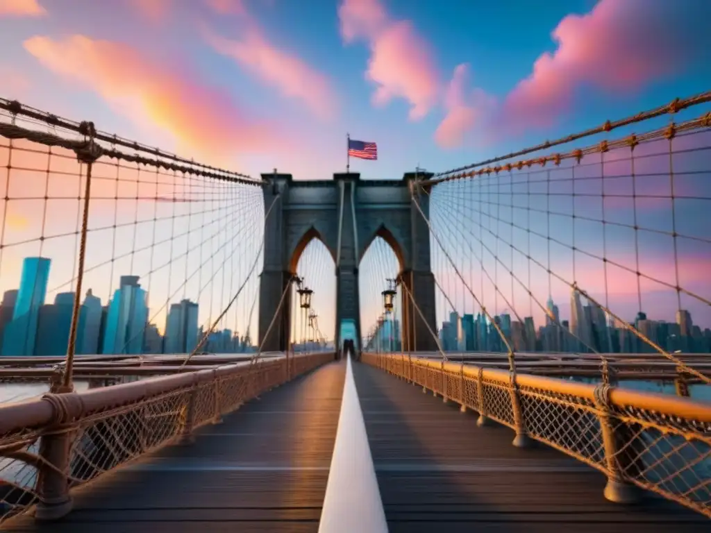 Vibrante fotografía urbana en Nueva York: icónico puente de Brooklyn al atardecer, reflejos en el río East River