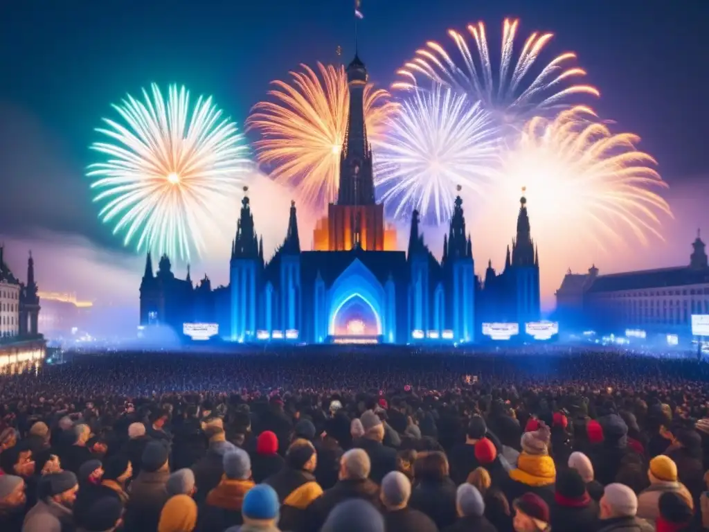 Vibrantes celebraciones de Año Nuevo globales en distintos países europeos, con fuegos artificiales, campanadas y festivales de linternas