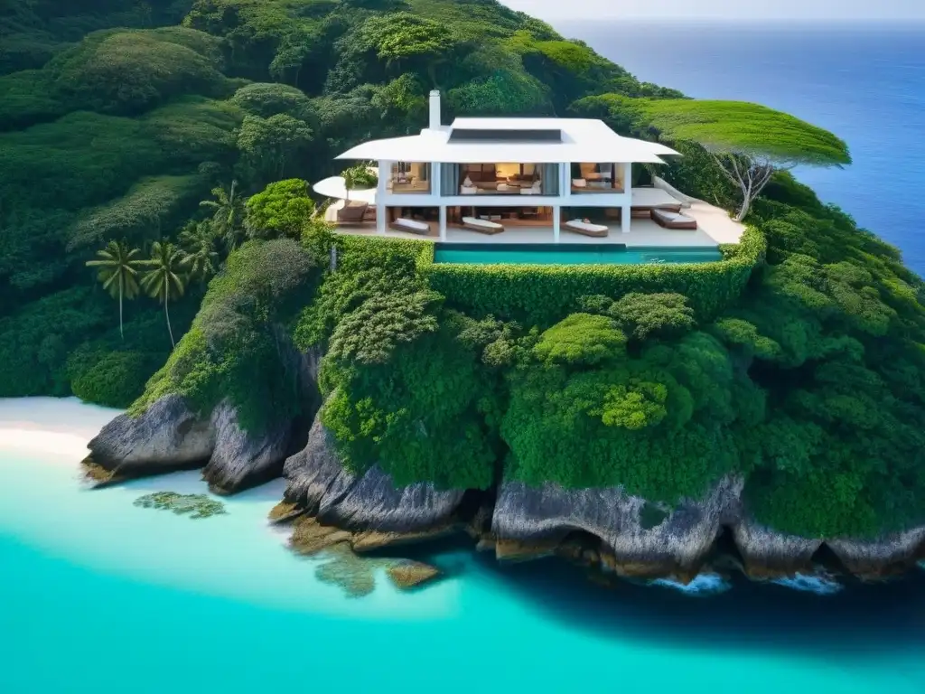 Una villa de lujo en un acantilado con vistas al mar turquesa, rodeada de exuberante vegetación tropical