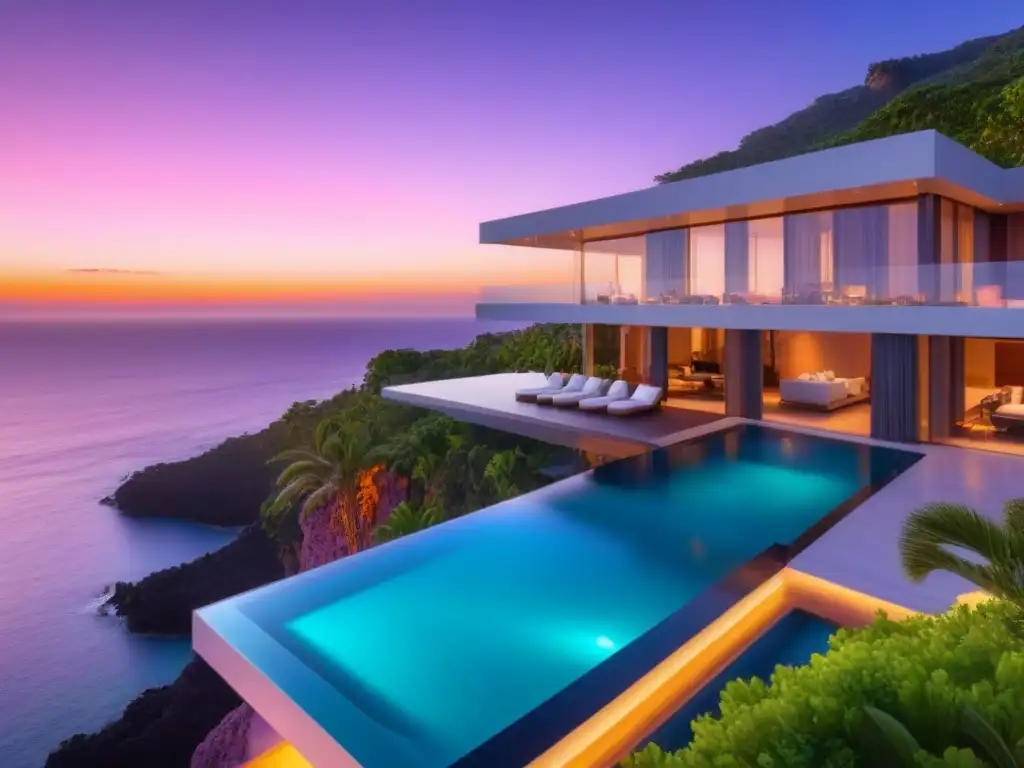 Villa de lujo con piscina infinita y helipuerto en acantilado Villa de lujo moderna en un acantilado con piscina infinita y helipuerto, en destino exótico
