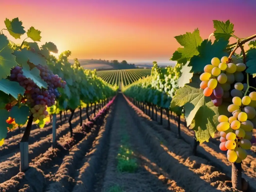 Un viñedo al atardecer, con hileras de uvas bajo un cielo vibrante, refleja la abundancia y la tranquilidad de las variedades de uva menos conocidas