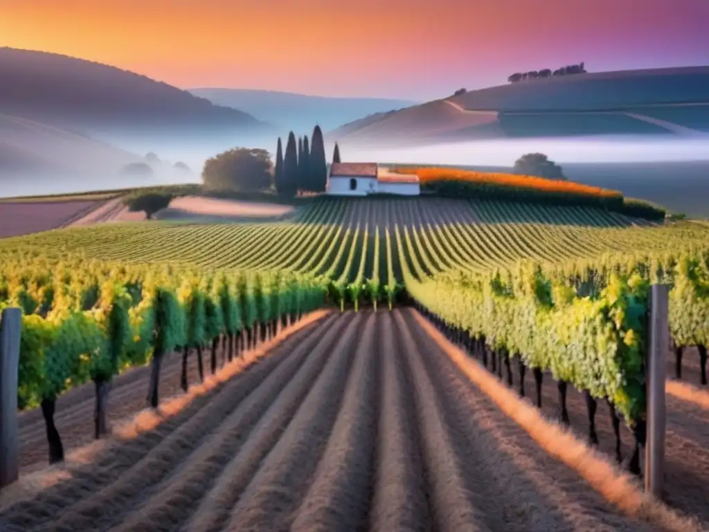 Un viñedo al atardecer con vides naranjas bajo un cielo cálido