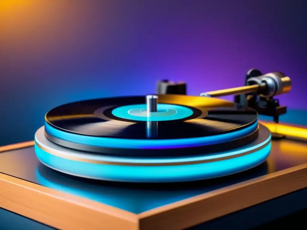 Vinilos antiguos tendencia resurgimiento: Un tocadiscos moderno gira un vinilo colorido con diseño espiral en azul, morado y dorado