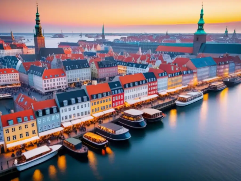 Vista aérea impresionante de Copenhague, Nyhavn con edificios coloridos, barcos en el canal y atardecer dorado