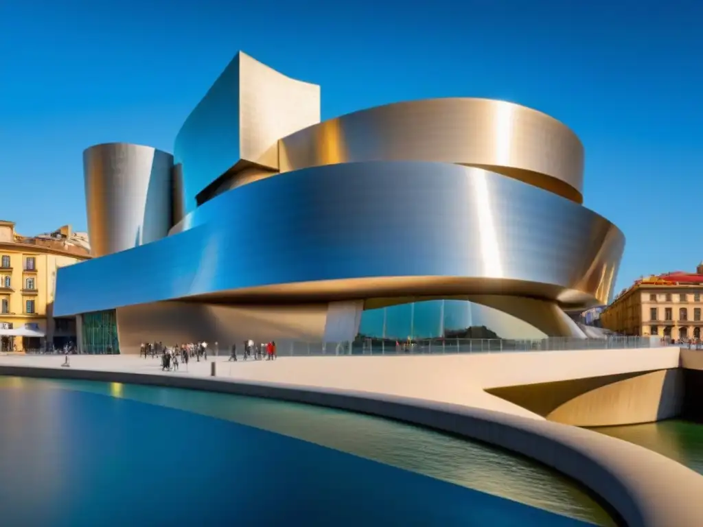 Vista detallada del Museo Guggenheim en Bilbao, España, resaltando su diseño arquitectónico único