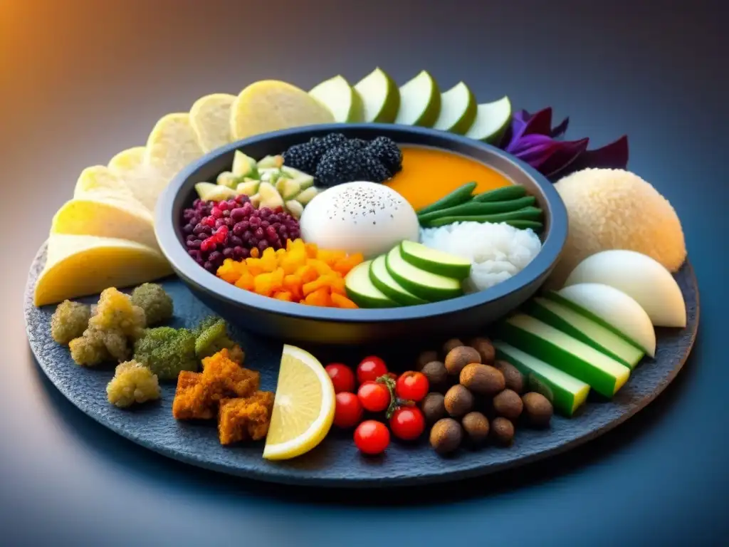 Plato religioso global: diversidad y colorido Una vista detallada de un plato exquisitamente arreglado con platos religiosos de todo el mundo