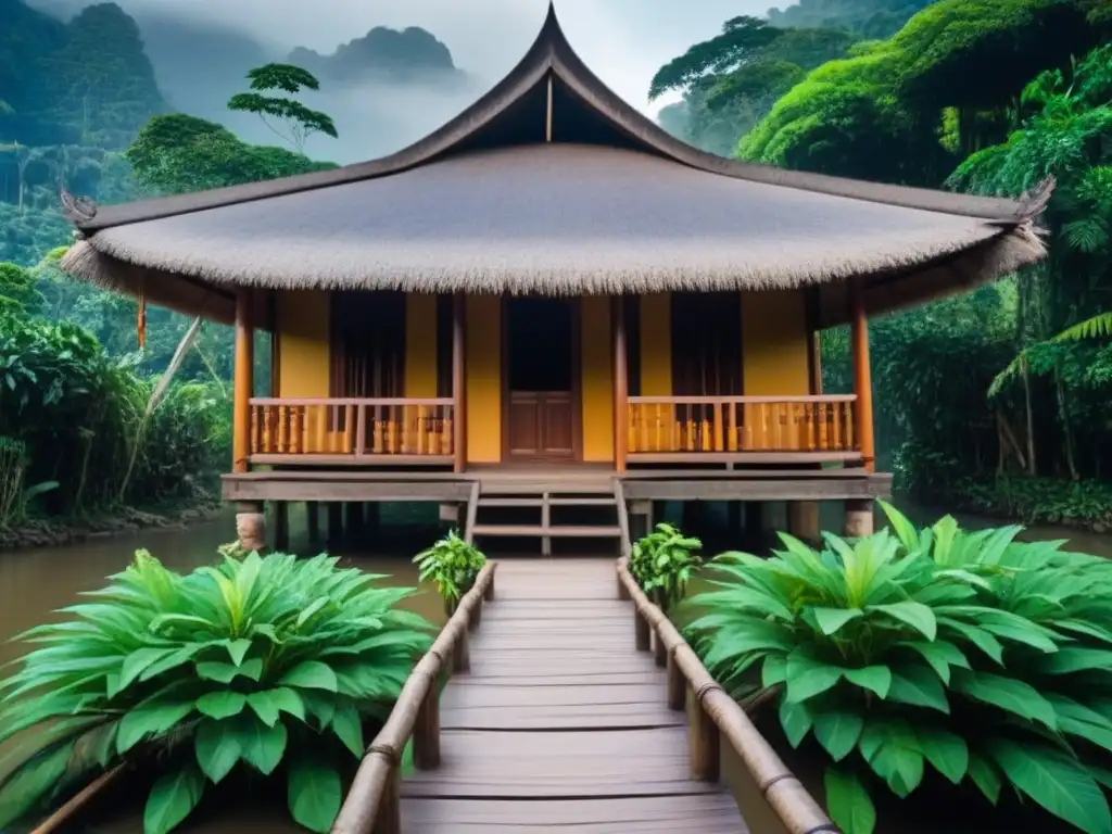 Refugio tradicional en la selva: arte en madera y naturaleza exuberante Vista detallada de una homestay tradicional en la selva del Sudeste Asiático con detalles tallados y techo de paja