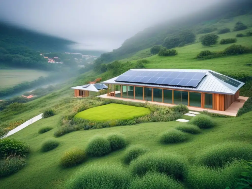 Una vista de una ecoaldea sostenible integrada en un paisaje exuberante, ejemplificando la arquitectura bioclimática en ecoaldeas