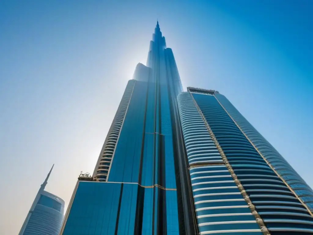 Vista impresionante en blanco y negro del Burj Khalifa en Dubai, destacando sus patrones geométricos