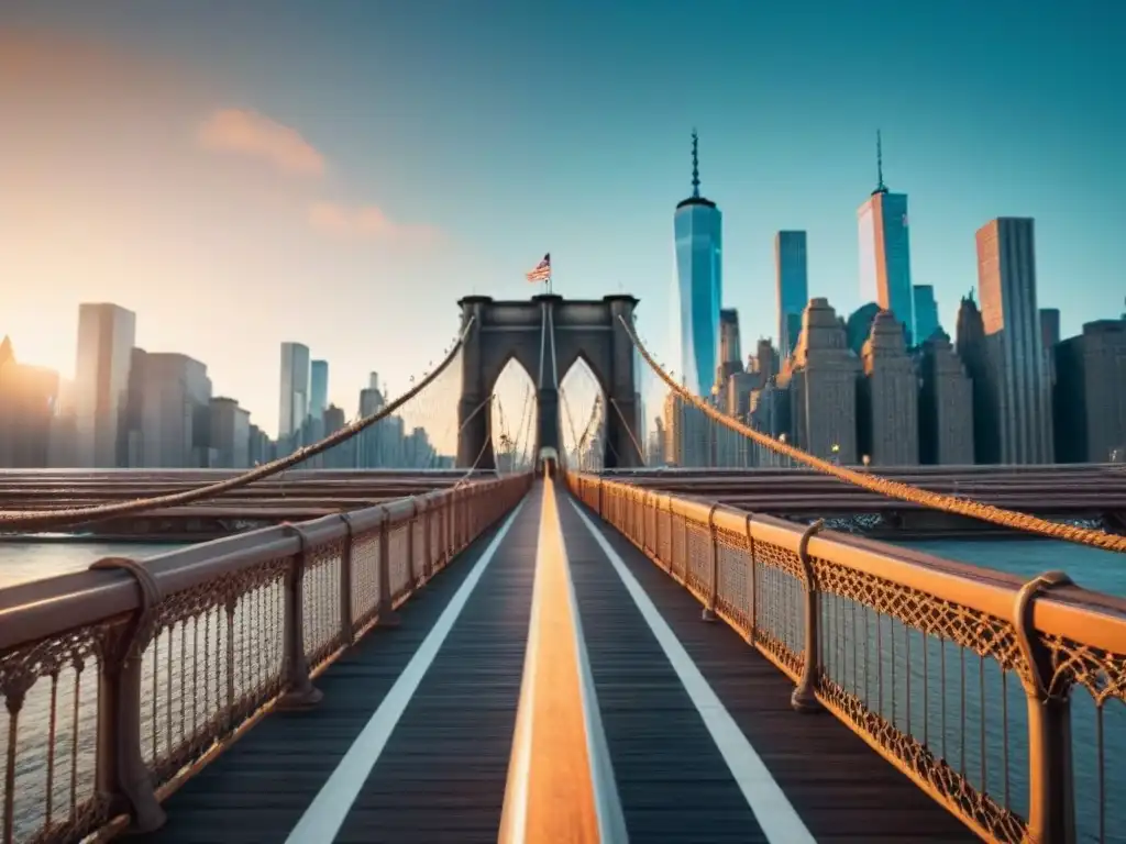 Una vista impresionante del icónico Puente de Brooklyn al anochecer, destacando la fotogenia urbana en Nueva York