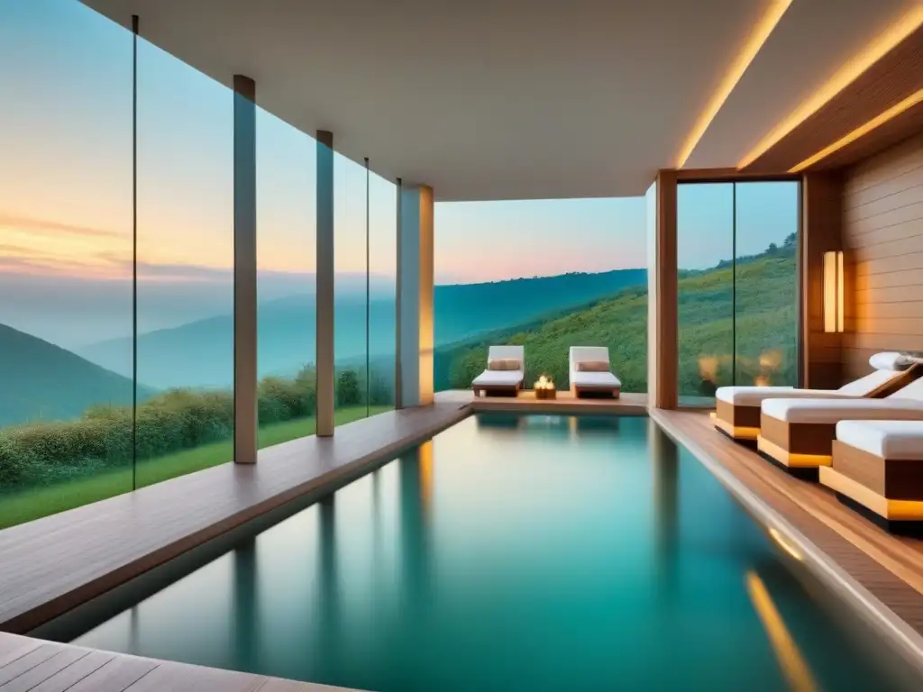 Vista panorámica de un lujoso spa moderno con arquitectura única y elegante