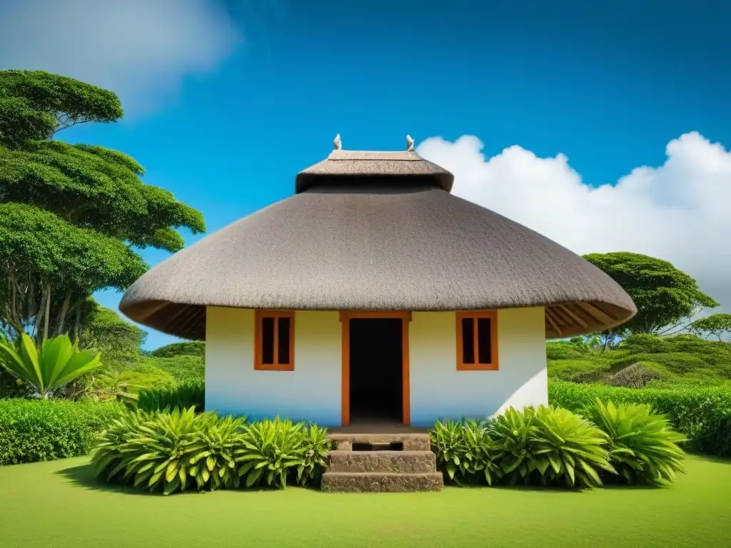 Arquitectura Chamorro en Guam: Belleza natural y cultura Vista serena de una choza Chamorro tradicional en Guam, rodeada de exuberante vegetación y cielos azules