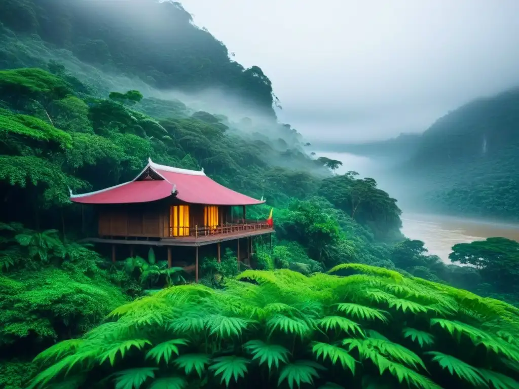 Vista serena de un homestay tradicional en la selva tropical, rodeado de exuberante vegetación