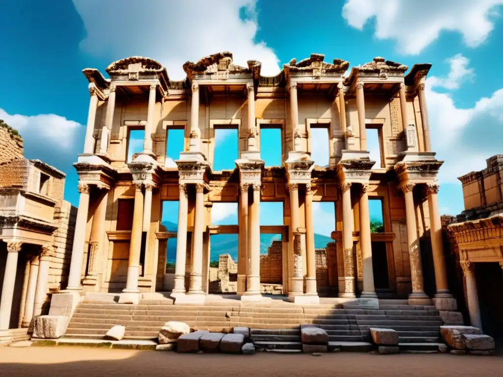 Vistas panorámicas de la antigua ciudad de Éfeso en Turquía, mostrando las ruinas bien conservadas de la Biblioteca de Celso bañadas en luz dorada