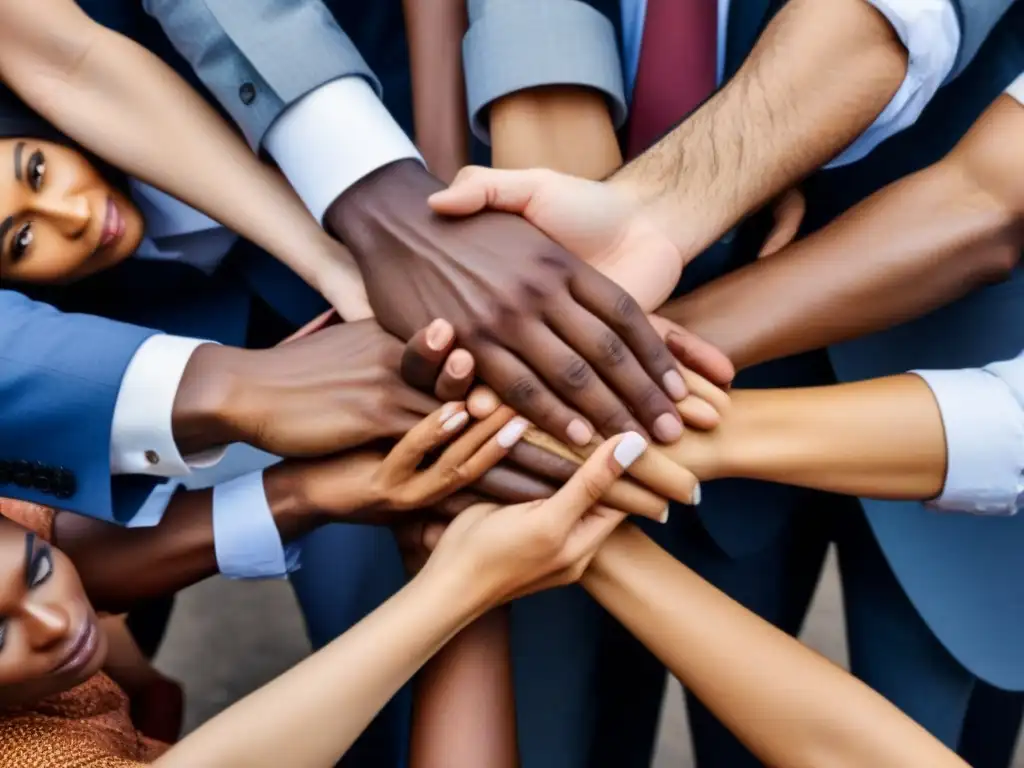 Una representación visual inspiradora de manos diversas apiladas, simbolizando unidad y colaboración en entornos laborales globales