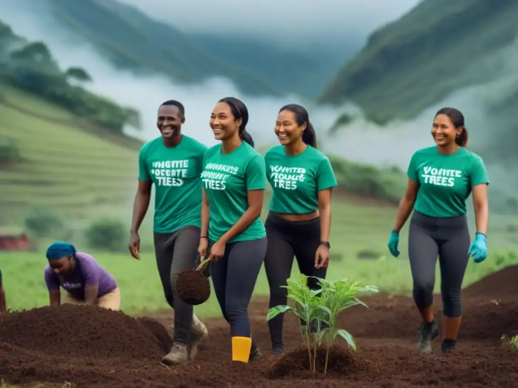 Voluntarios plantando árboles: unidad y diversidad en la naturaleza Voluntariado internacional en comunidades remotas: Grupo diverso de voluntarios plantando árboles con camisetas coloridas en aldea remota