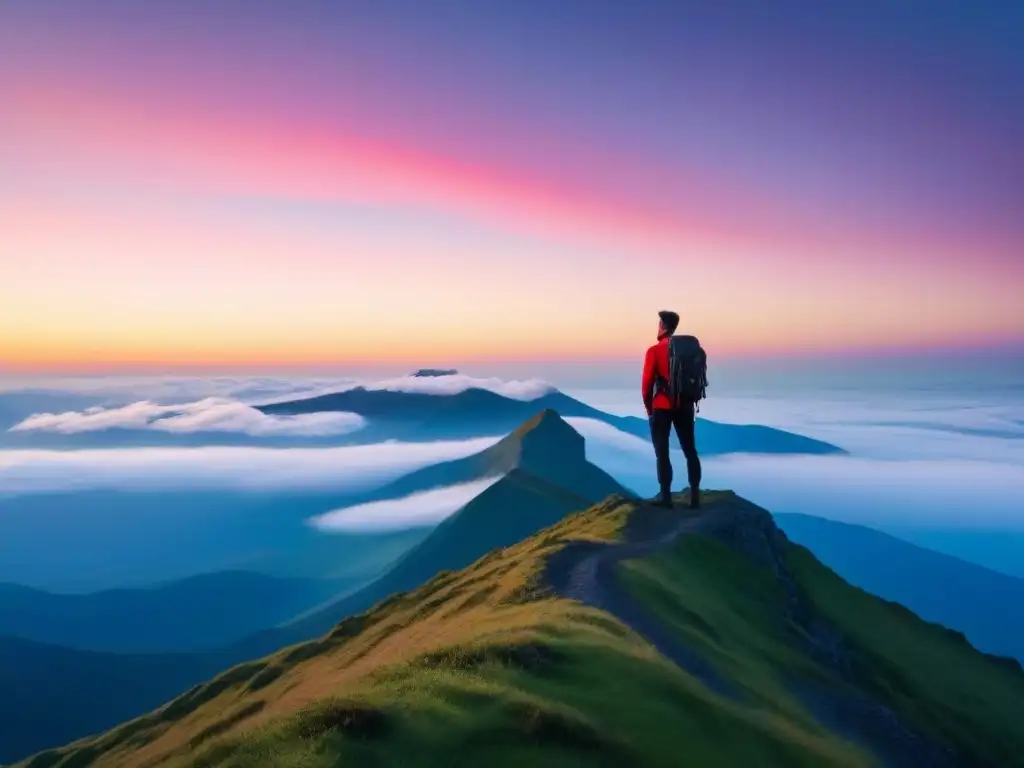 Un voluntario profesional contempla la vastedad del paisaje al amanecer en la cima de una montaña